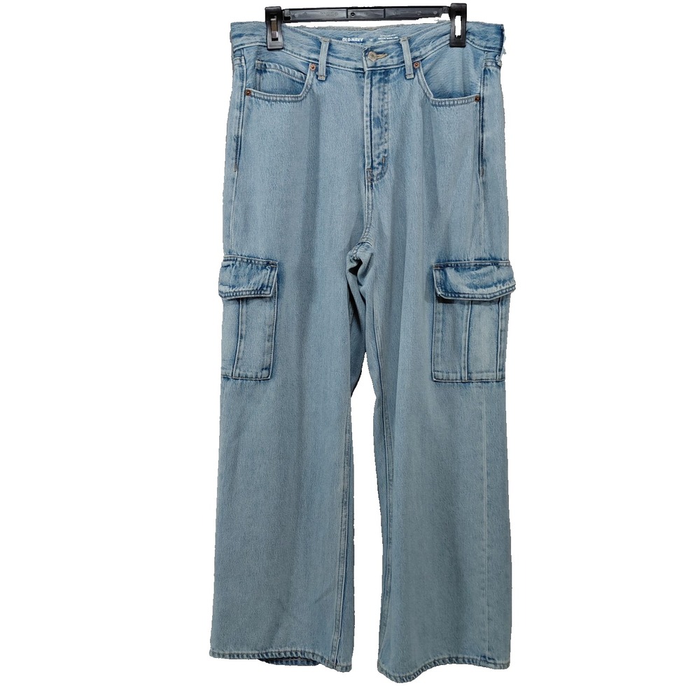 Old Navy Ski-high Wide Leg Cargo Jeans Women's 12 Light Wash Drapey Denim